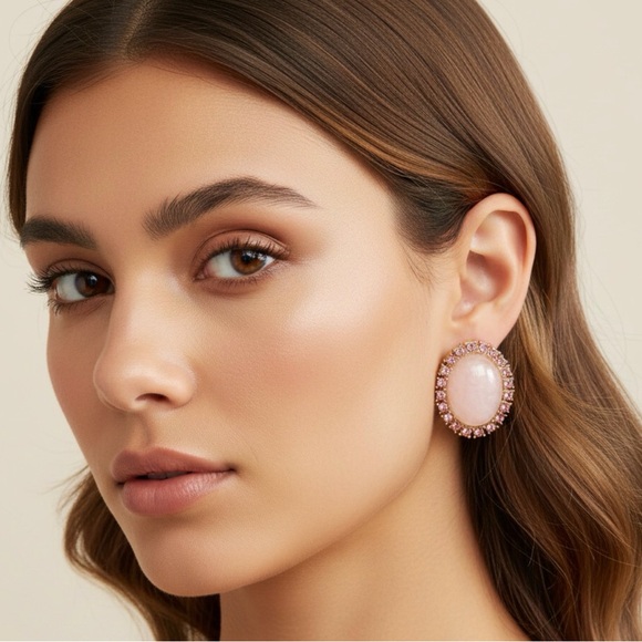 Jewelry - 2/$30🌵 Gold Pink Cabochon Stone Crystal Earrings Ornate Vintage Style Gift NEW